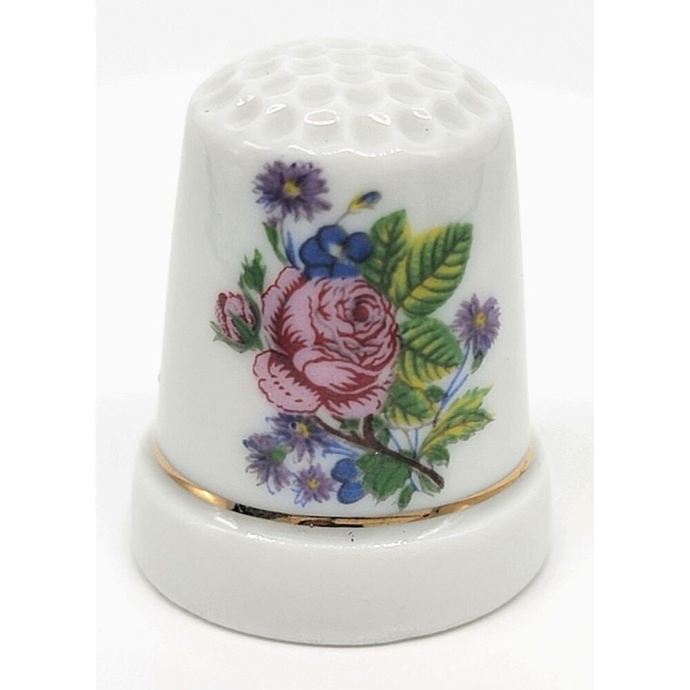 Porcelain Floral Thimble Hand Painted Rose & Blue Flowers Gold Trim Sewing